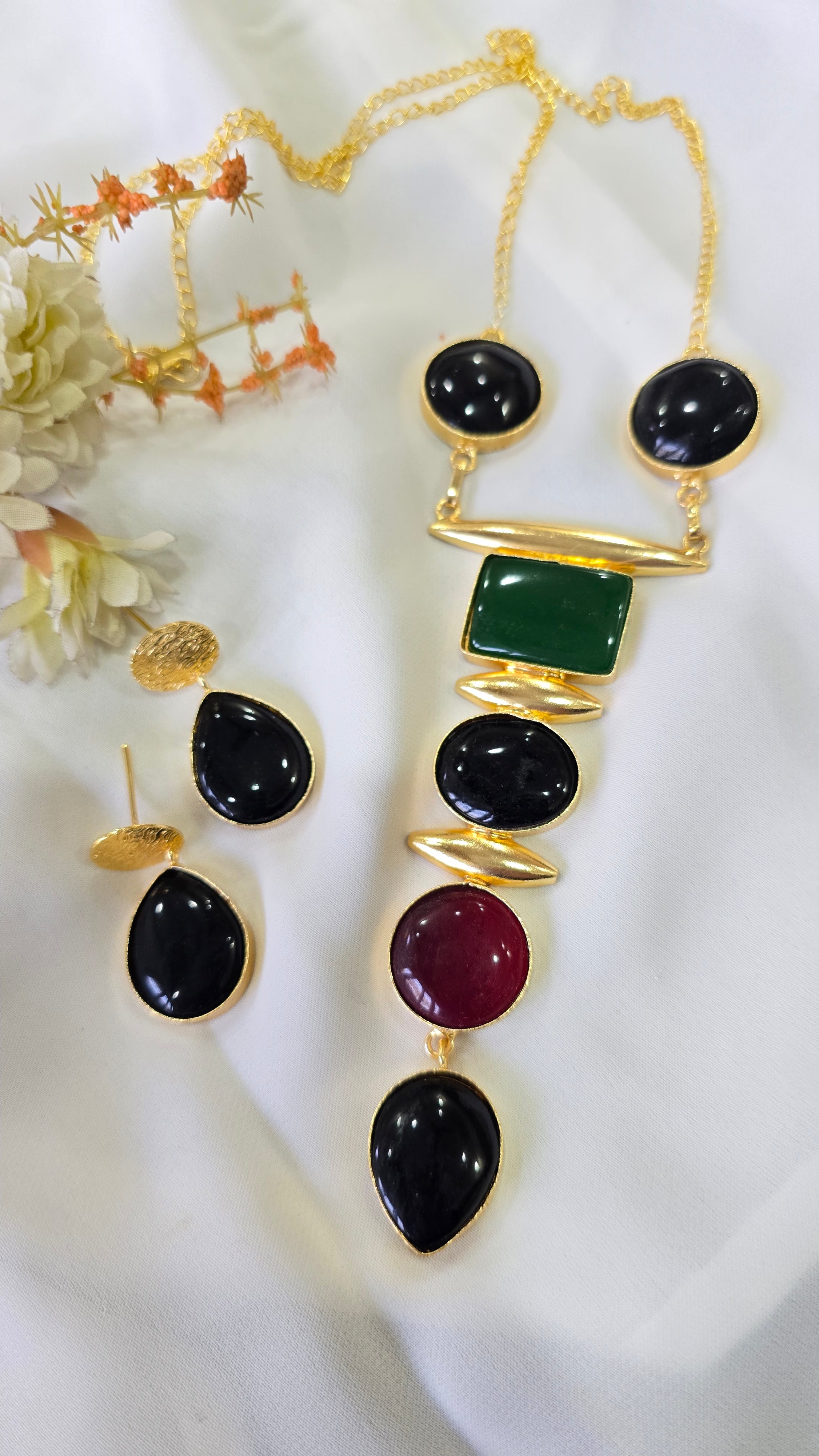 Gold Finish Multicolor Geometric Stone Statement Necklace & Earrings Set