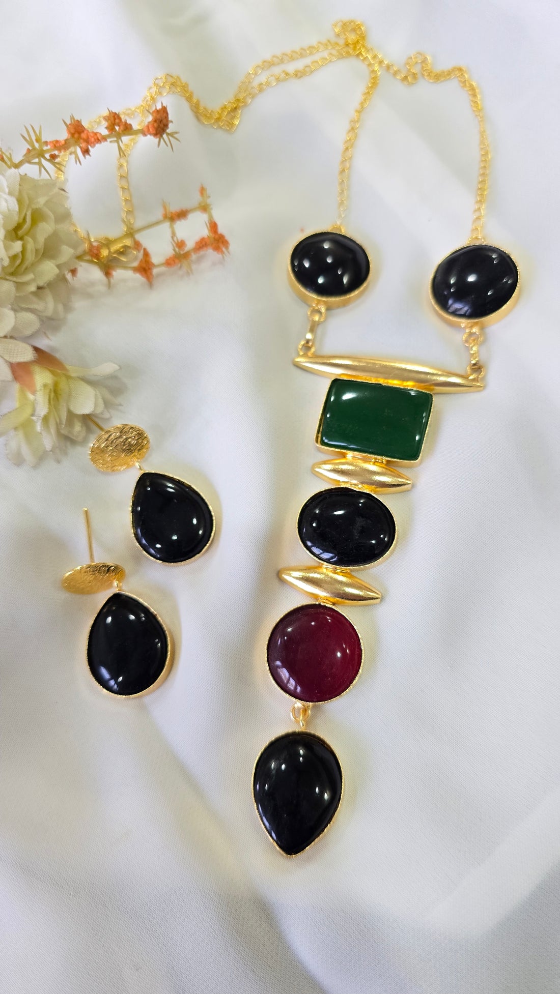 Gold Finish Multicolor Geometric Stone Statement Necklace & Earrings Set