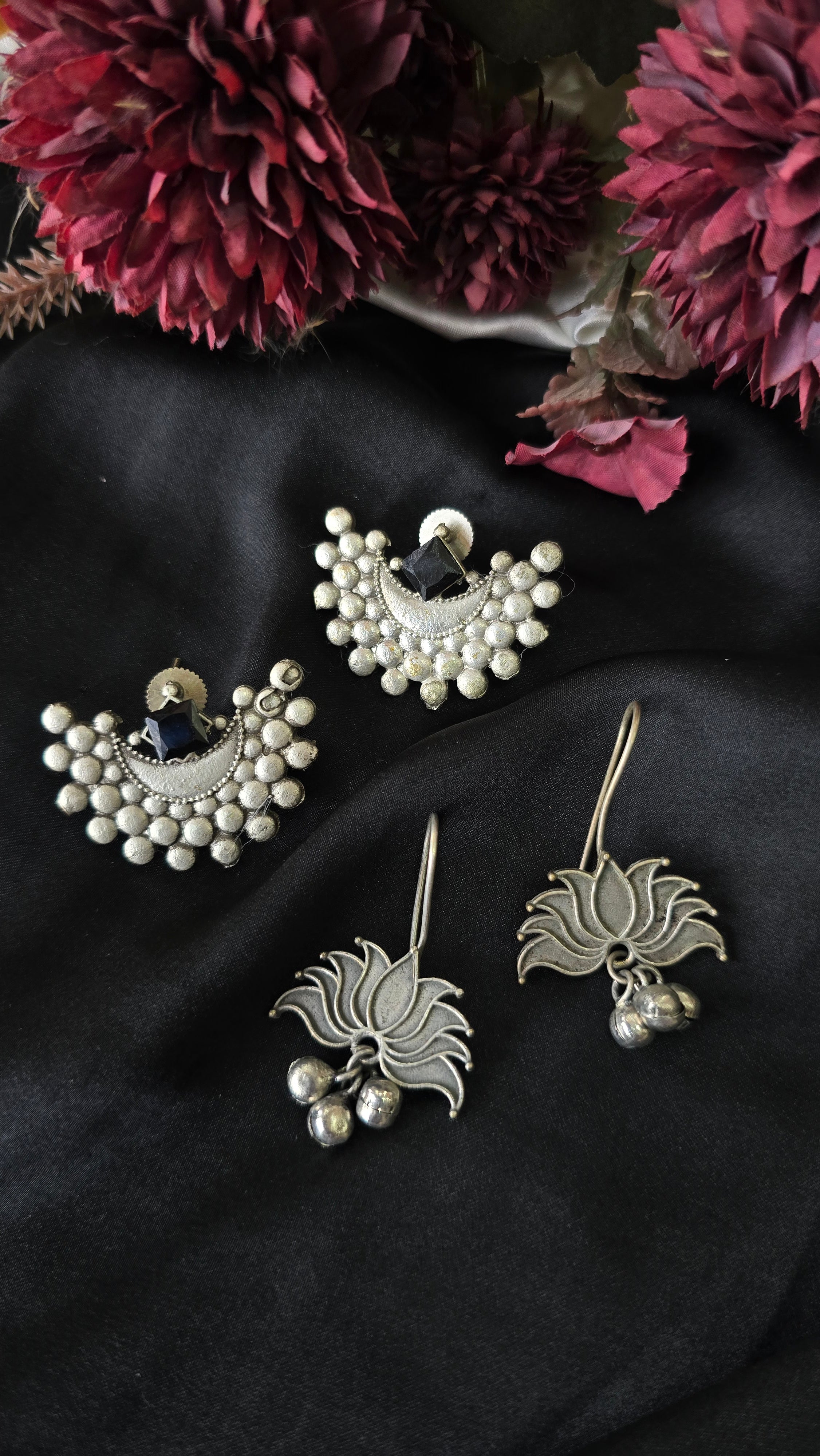 Set of 2 Oxidized Silver Earring Combo - Lotus Ghungroo Drop & Crescent Studs