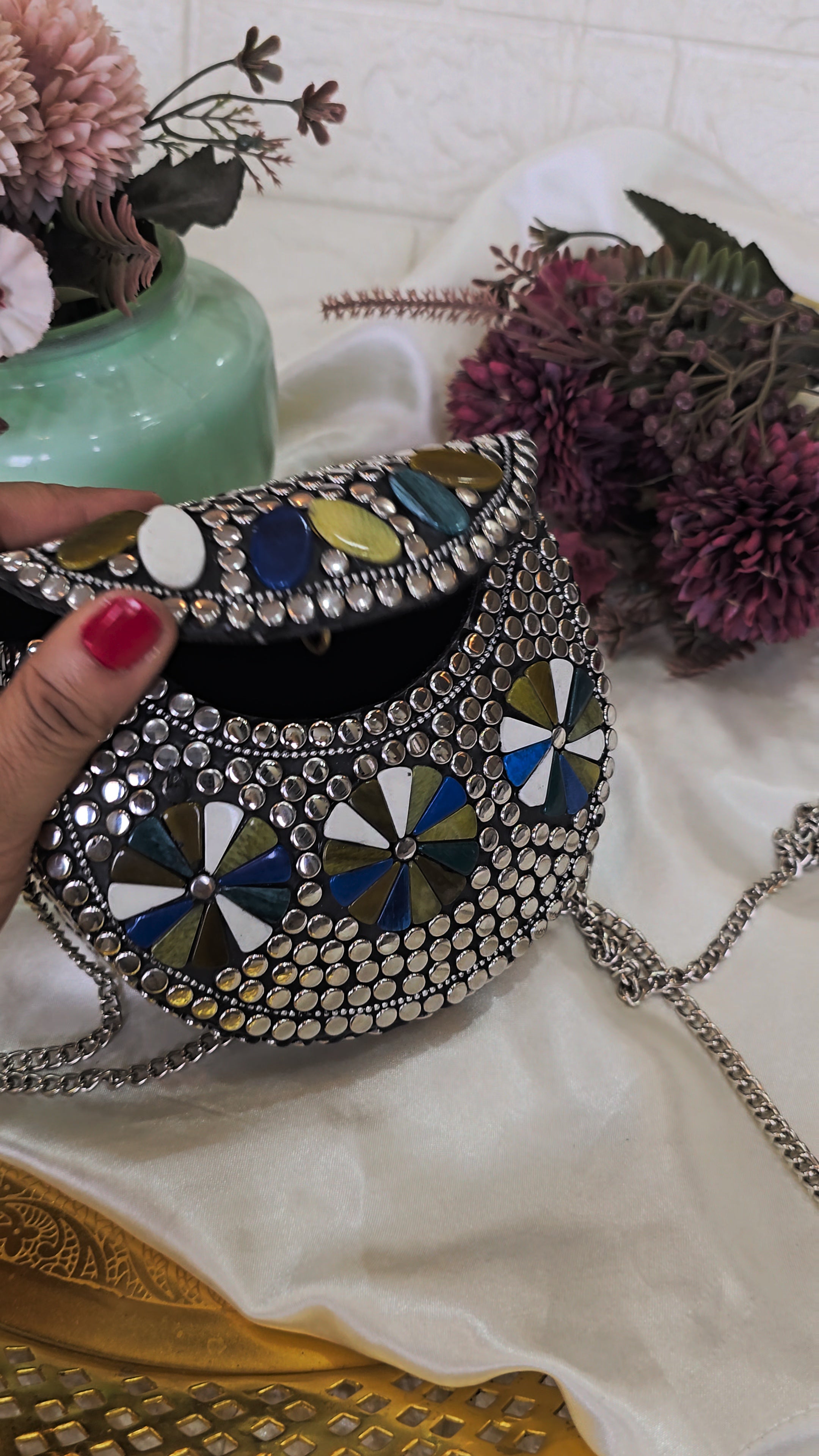 Artisanal Multi-Color Geometric Stone & Studded Clutch with Chain Strap – [Small]
