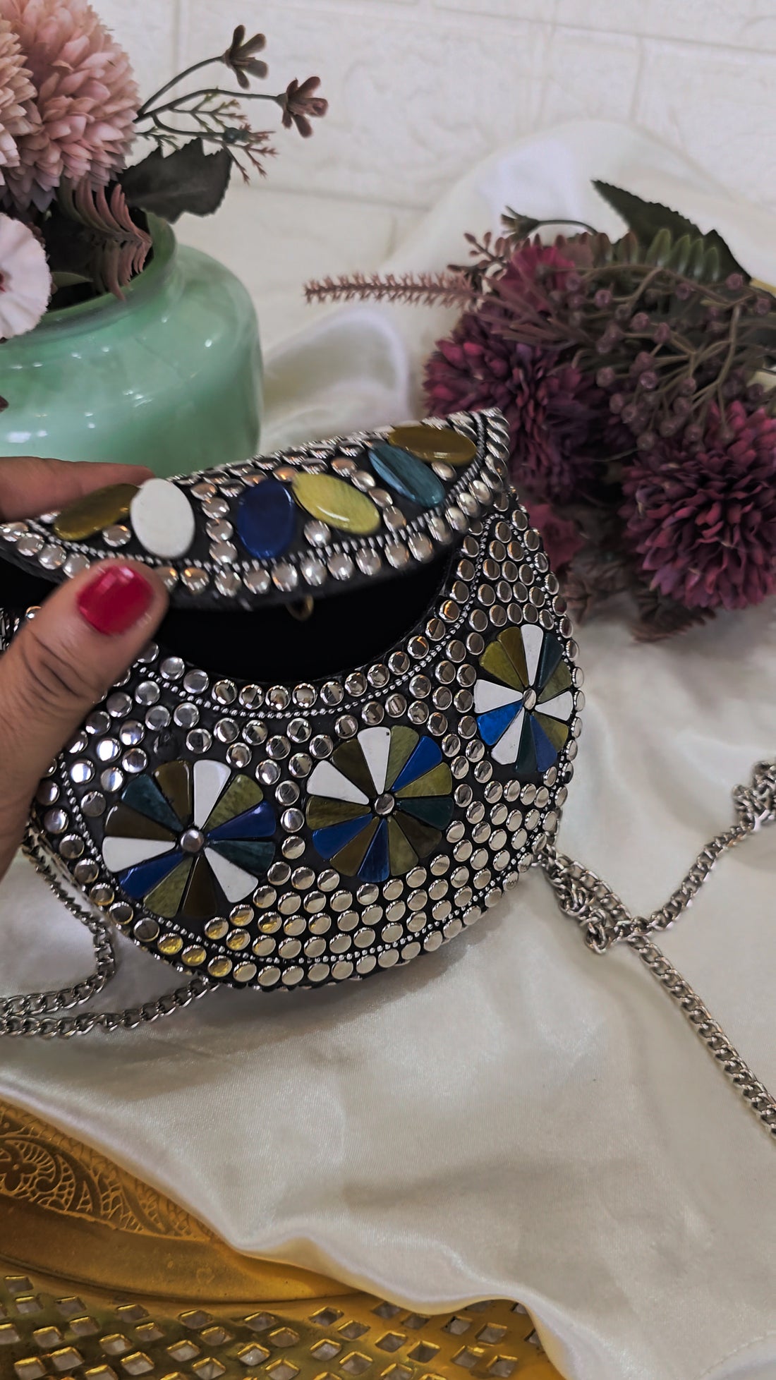 Artisanal Multi-Color Geometric Stone & Studded Clutch with Chain Strap – [Small]