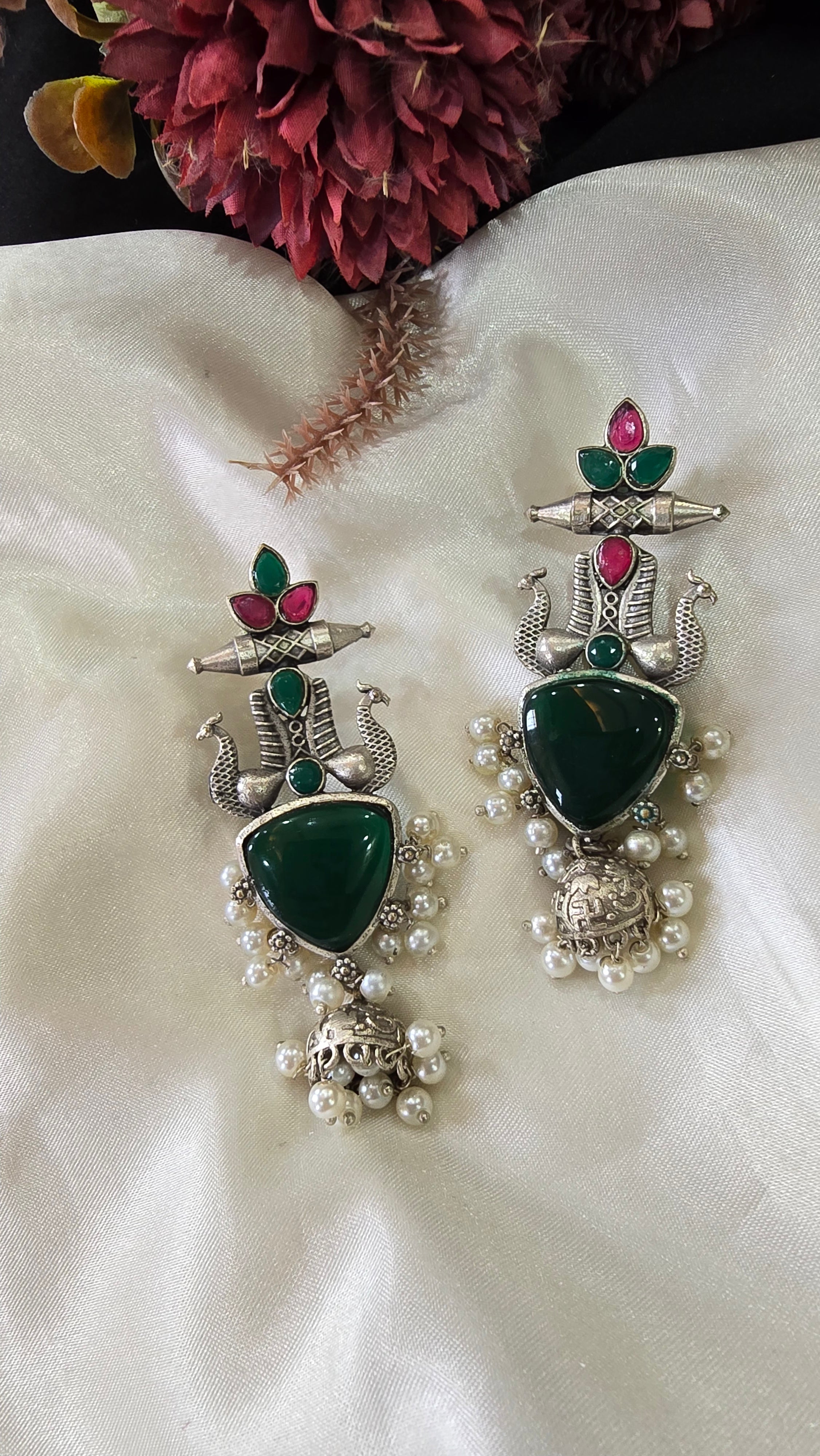Oxidized Silver Trishul Danglers with Emerald Green Stones and Pearls
