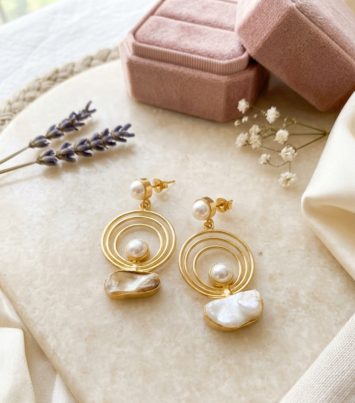 Golden Orbit & Baroque Pearl Earrings