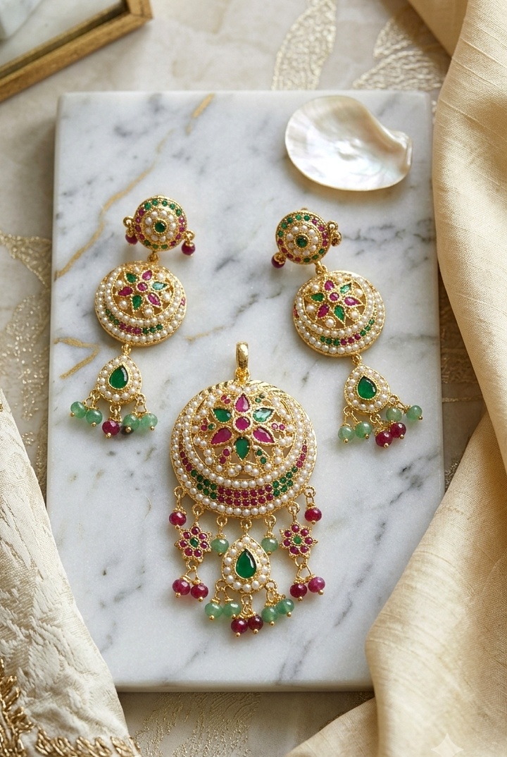 Handcrafted Jadau Look Pendant Set - Festive Wear Multi-Gemstone Jewelry