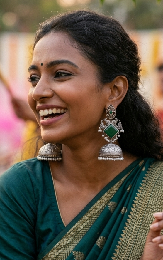 Emerald Mayur Dual-Dome Oxidised Silver Jhumkas