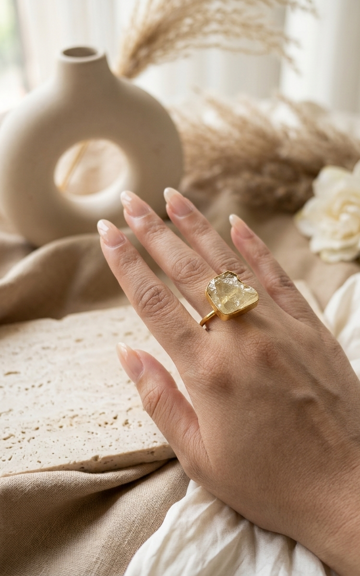 Aurelia Raw Crystal Cocktail Ring – Handcrafted Gold Bezel