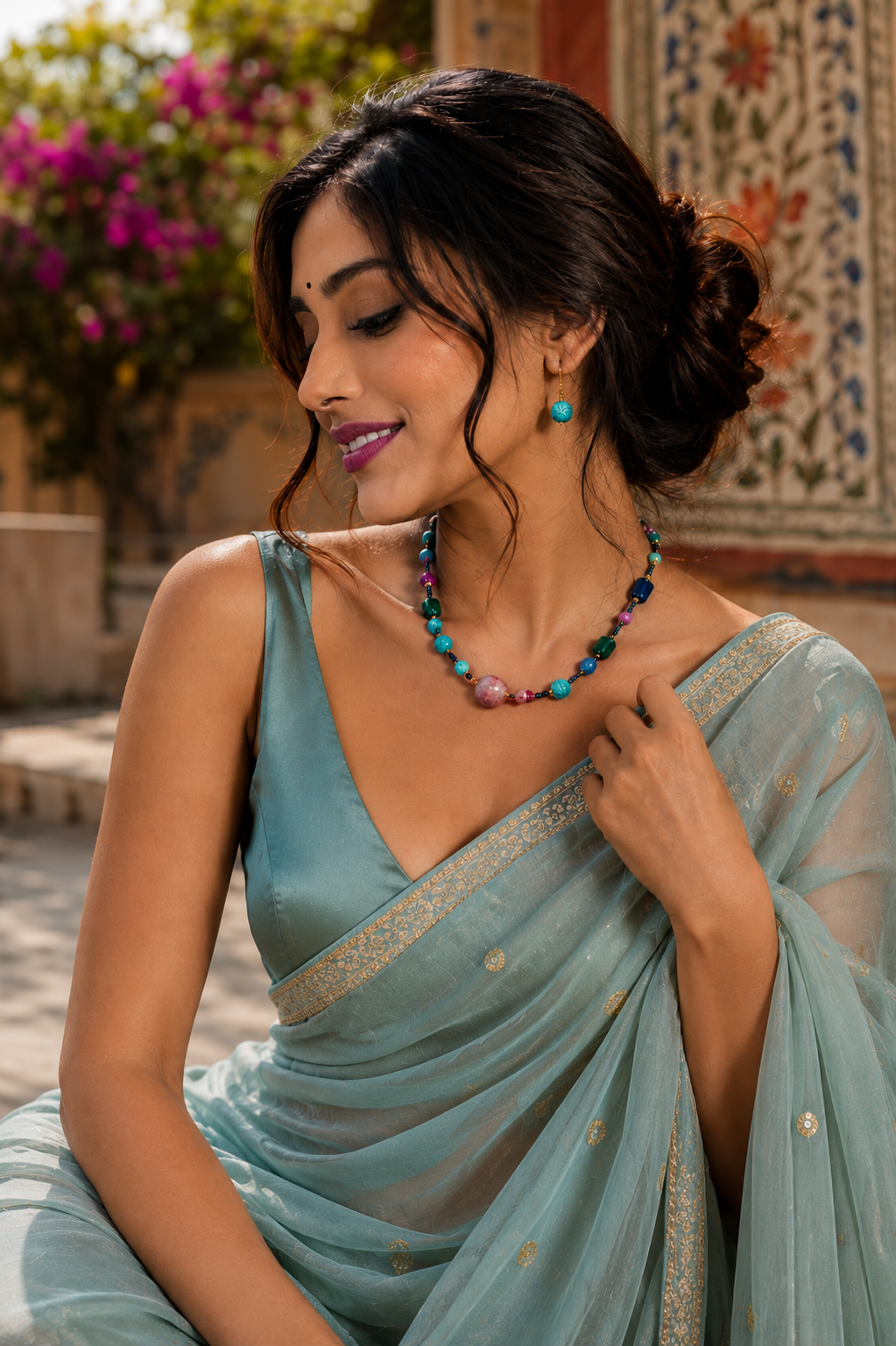 Handcrafted Multicolour Beaded Statement Necklace Set with Drop Earrings