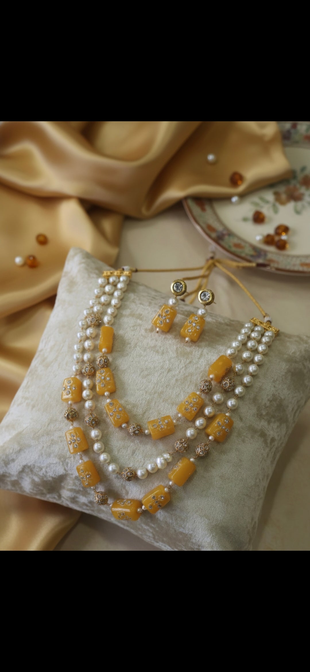 Three-Layer Pearl and Meenakari Bead Necklace Set with Matching Earrings