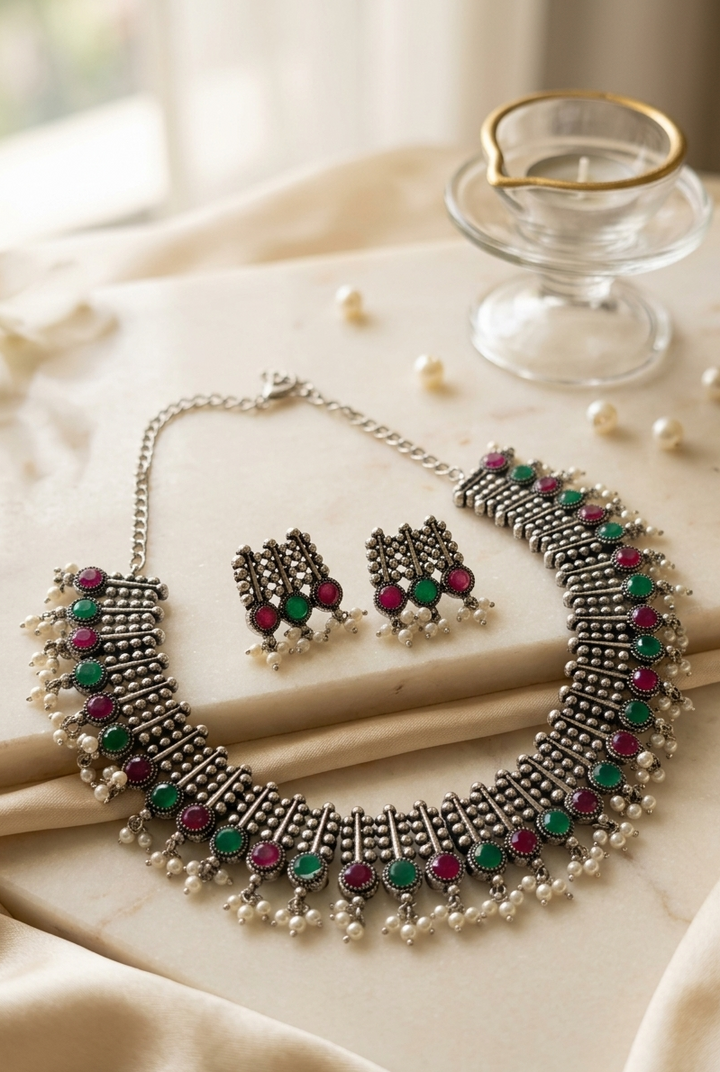 Oxidised Silver Choker Necklace Set with Emerald & Ruby Cabochons