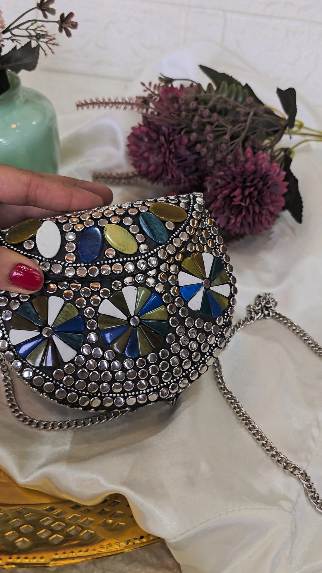 Artisanal Multi-Color Geometric Stone & Studded Clutch with Chain Strap – [Small]