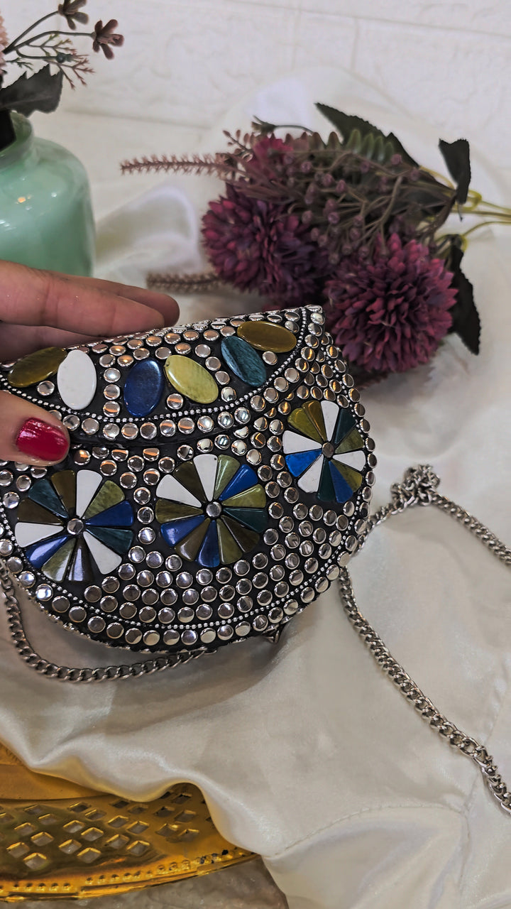 Artisanal Multi-Color Geometric Stone & Studded Clutch with Chain Strap – [Small]