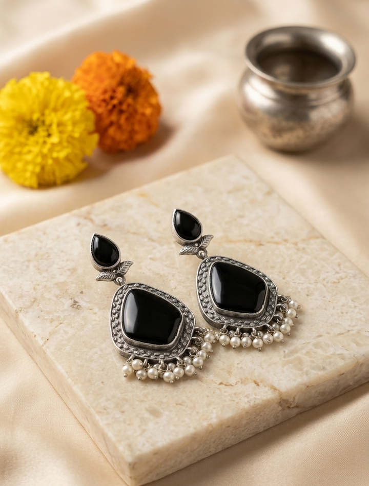 Oxidised Silver Black Onyx Drop Earrings with Pearl Beads