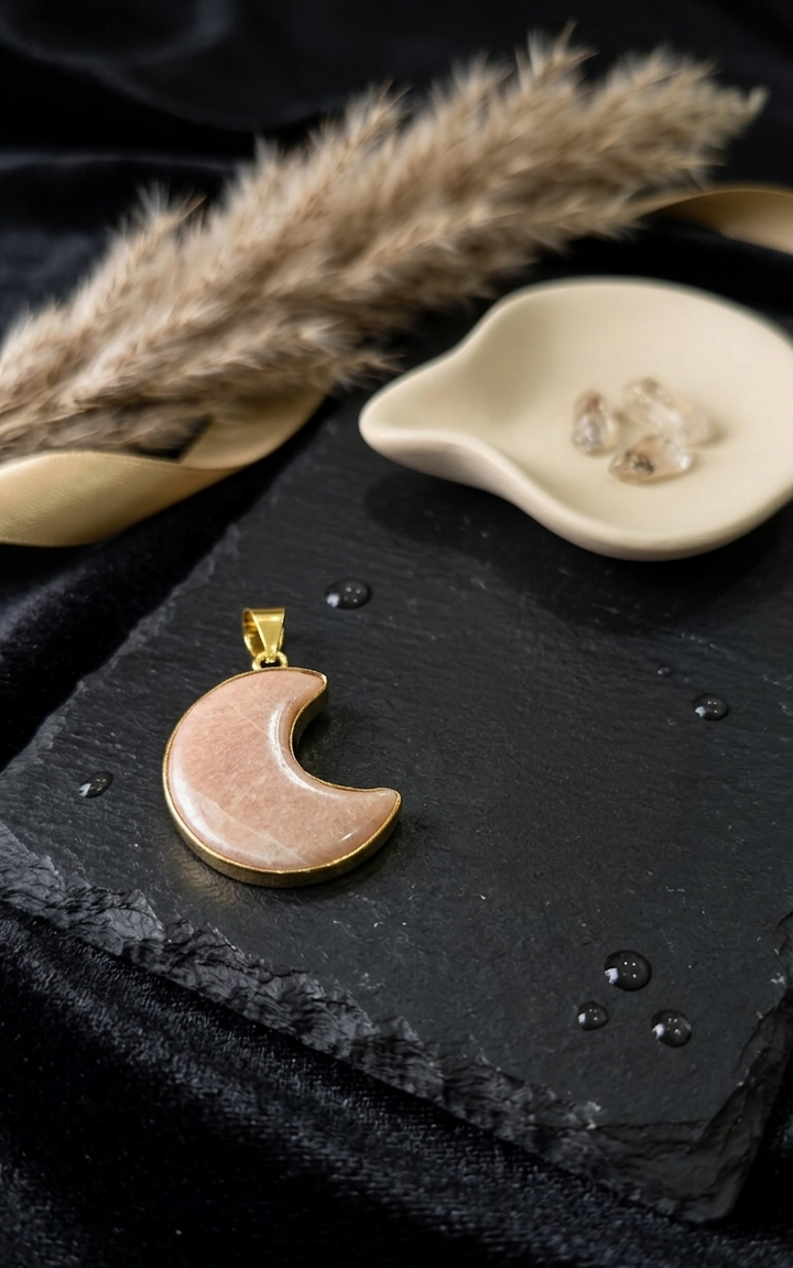 Gold-Plated Crescent Moon Crystal Pendant – [Peach Moonstone] Charm