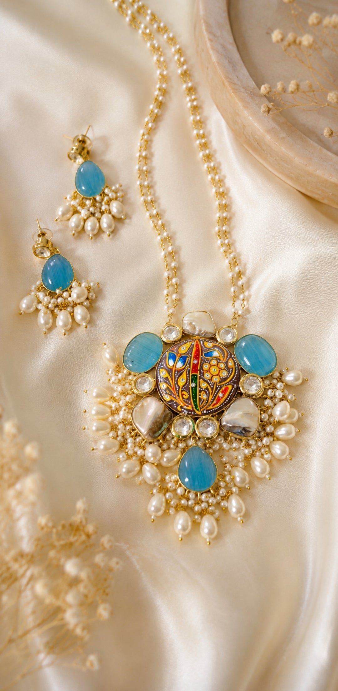 Handcrafted Meenakari Floral Pendant Necklace Set with Cat’s Eye Stones & Pearl Droplets