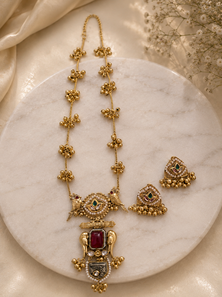 Mayura & Gaja Antique Gold-Plated Necklace Set with Ruby and Kundan Accents
