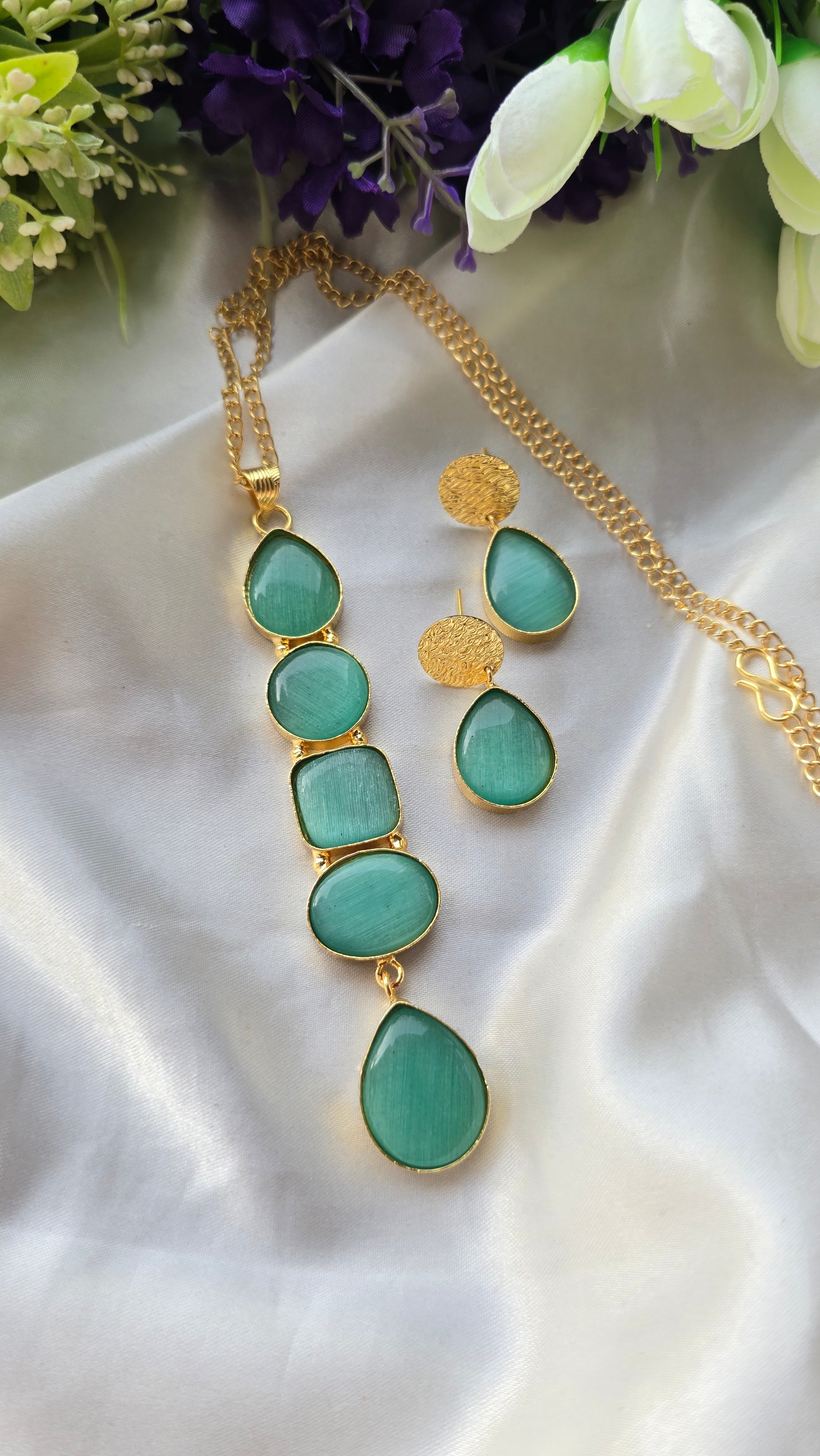 Handcrafted Multi-Shape Stone Pendant Necklace and Earrings Set