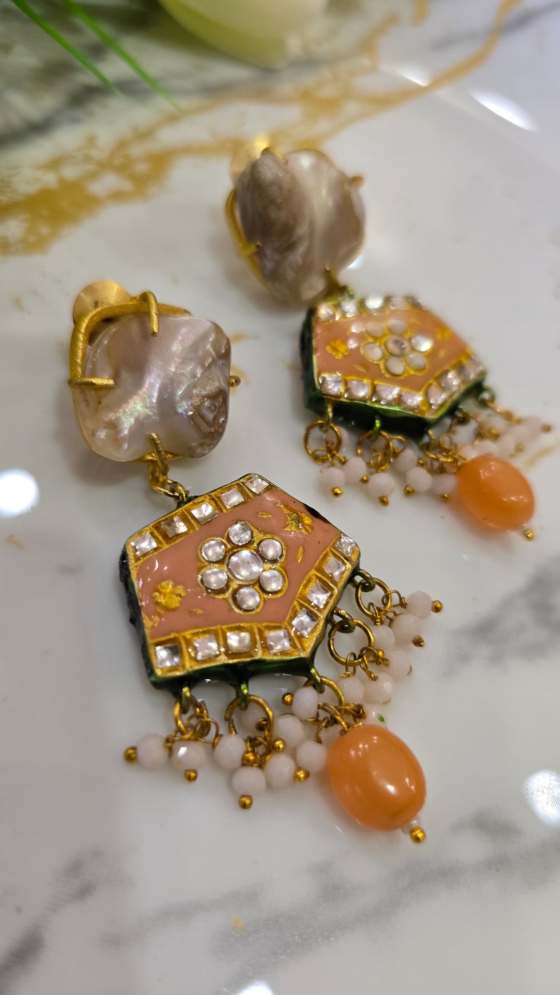 Handcrafted Peach Meenakari Earrings with Baroque Pearls and Kundan