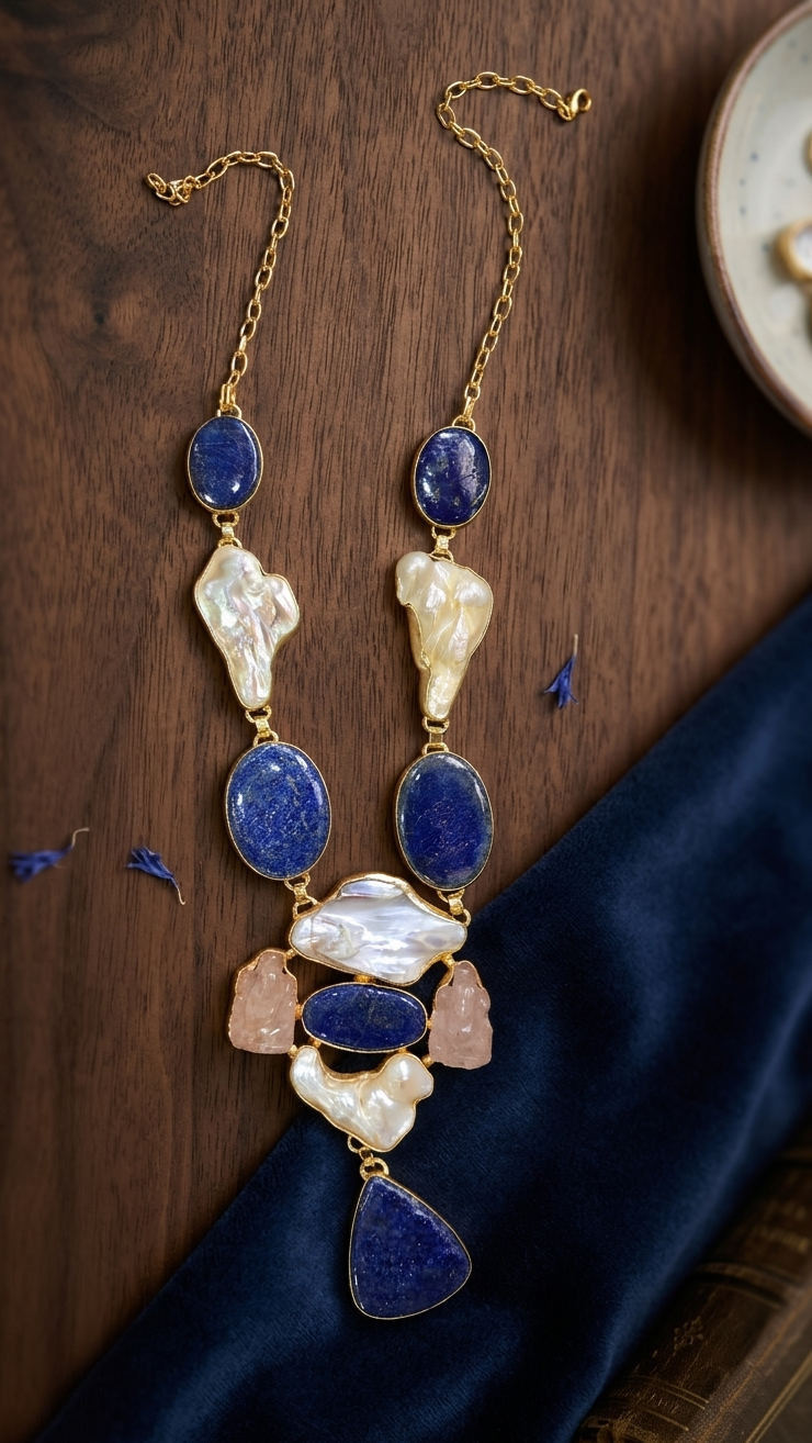 Lapis Lazuli and Baroque Pearl Gold-Plated Statement Necklace
