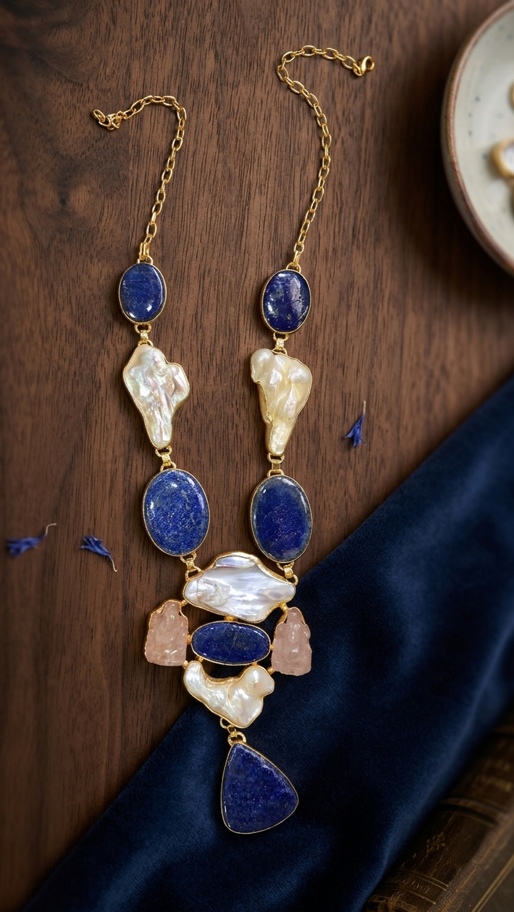 Lapis Lazuli and Baroque Pearl Gold-Plated Statement Necklace