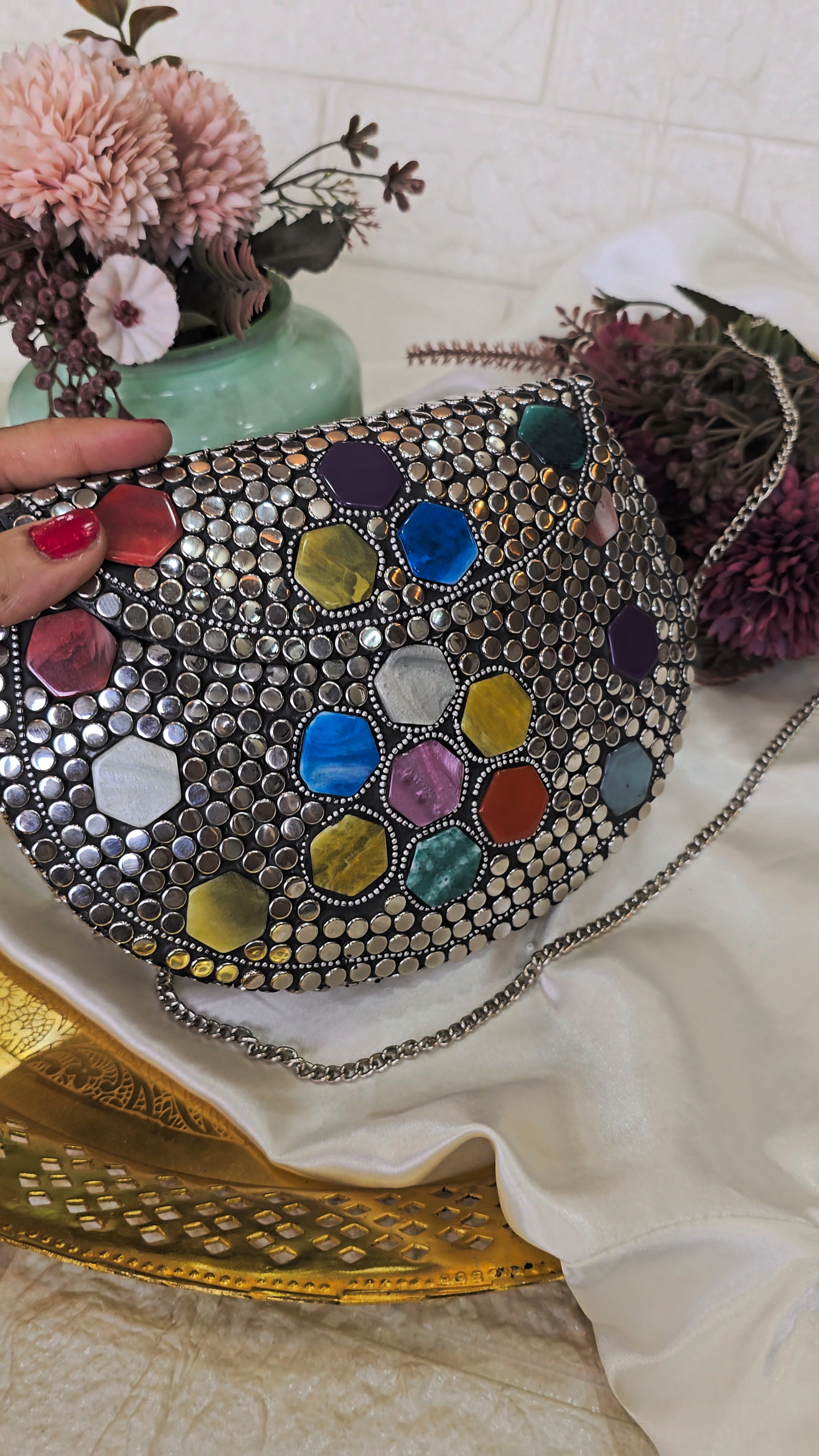 Artisanal Multi-Color Geometric Stone & Studded Clutch with Chain Strap – [Medium]
