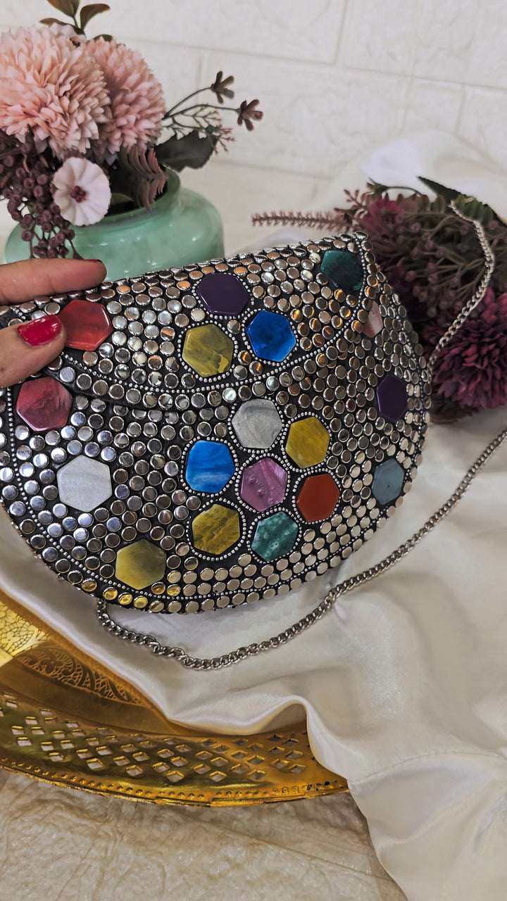 Artisanal Multi-Color Geometric Stone & Studded Clutch with Chain Strap – [Medium]