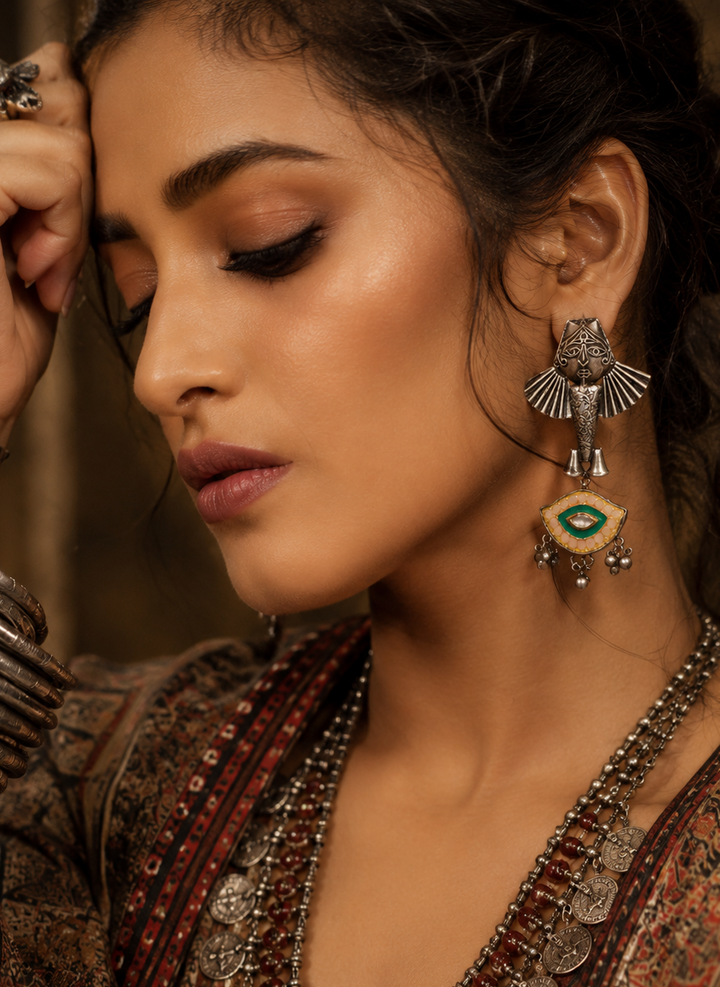 Oxidized Silver Tribal Face Earrings with Enamel