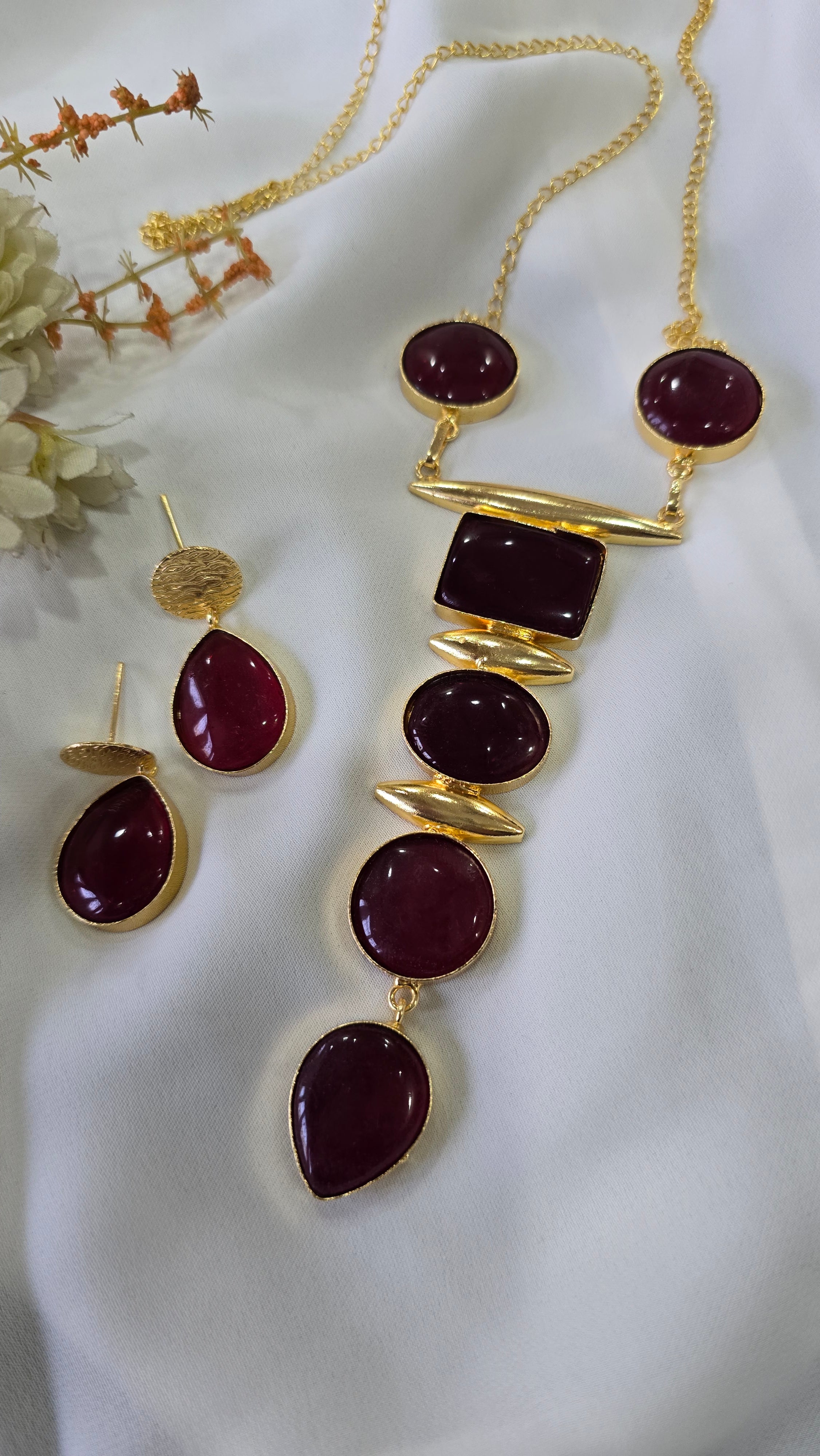 Gold Finish Multicolor Geometric Stone Statement Necklace & Earrings Set