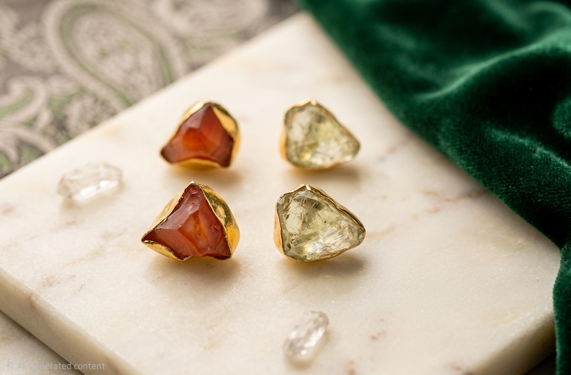 Raw Gemstone Stud Duo: Carnelian & Green Quartz Gold-Plated Earrings