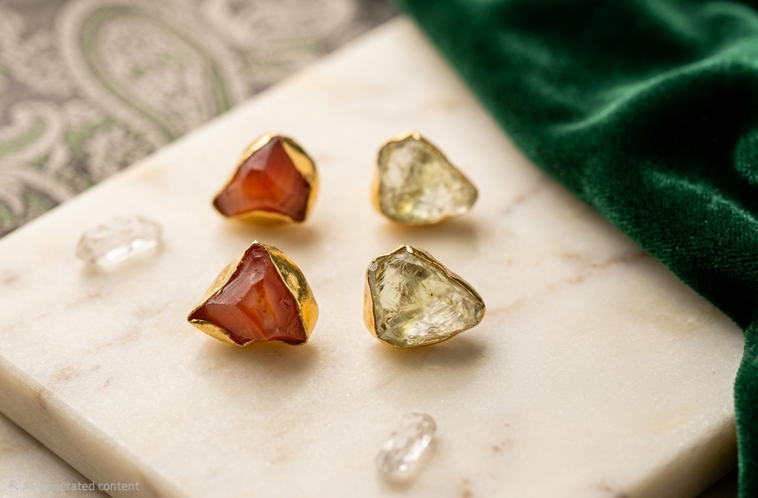 Raw Gemstone Stud Duo: Carnelian & Green Quartz Gold-Plated Earrings