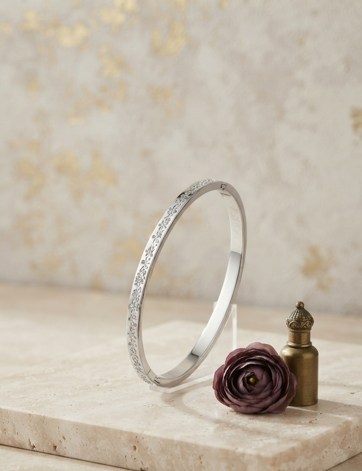 Silver Floral Engraved Hinged Bangle Bracelet