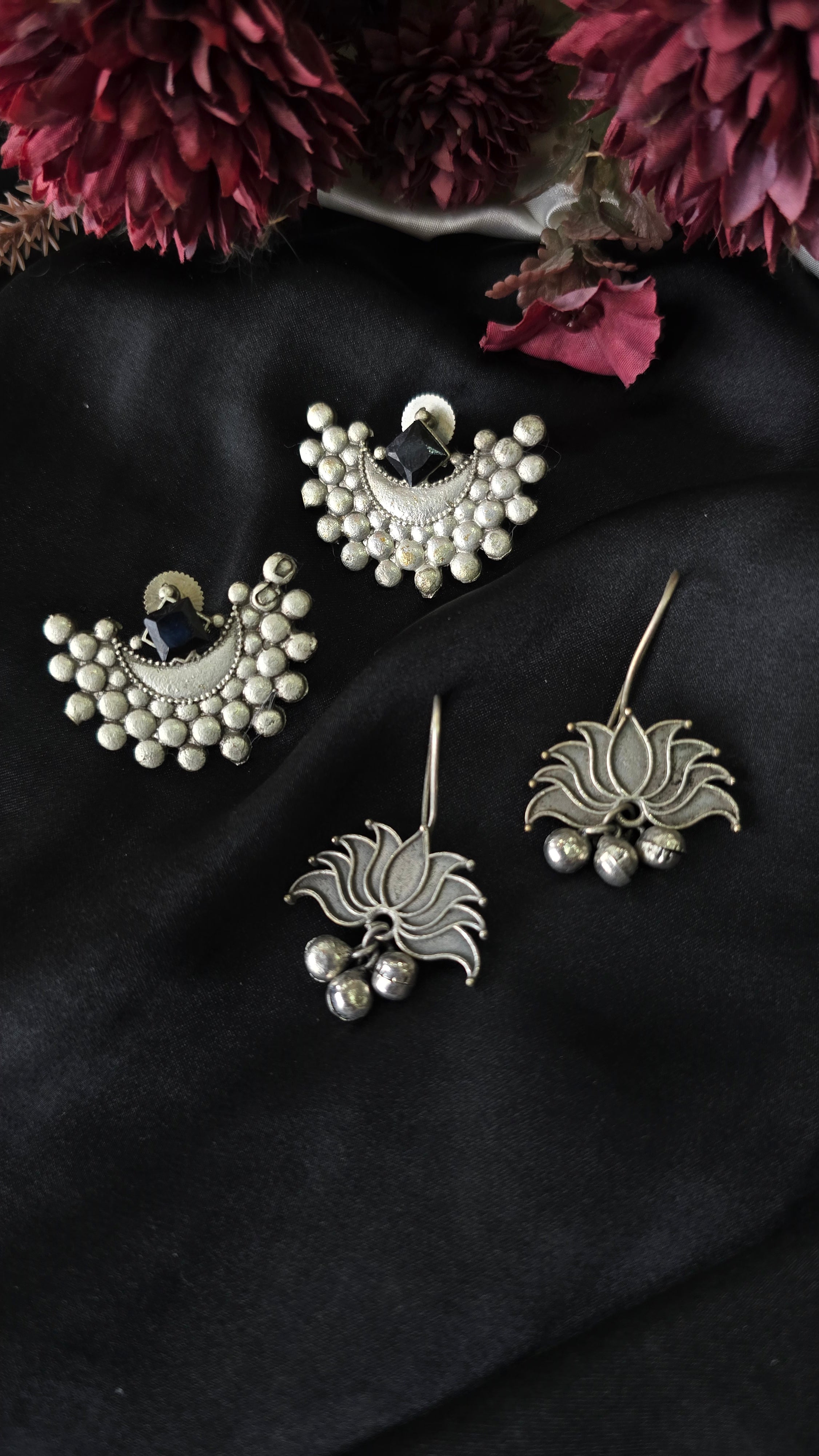 Set of 2 Oxidized Silver Earring Combo - Lotus Ghungroo Drop & Crescent Studs