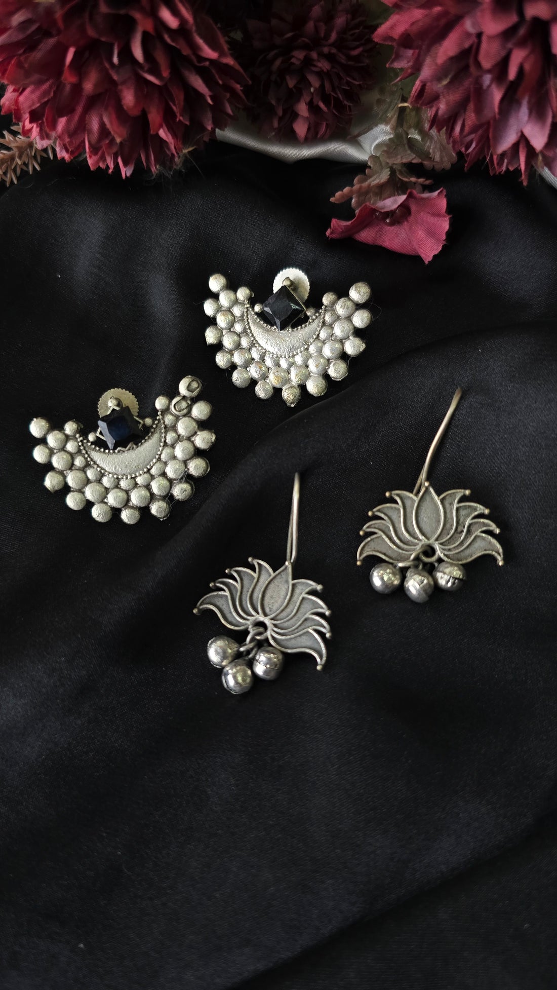 Set of 2 Oxidized Silver Earring Combo - Lotus Ghungroo Drop & Crescent Studs