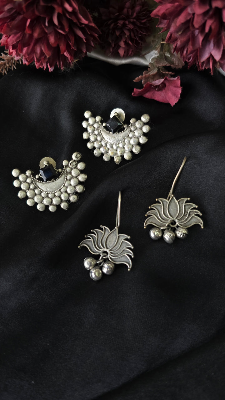 Set of 2 Oxidized Silver Earring Combo - Lotus Ghungroo Drop & Crescent Studs