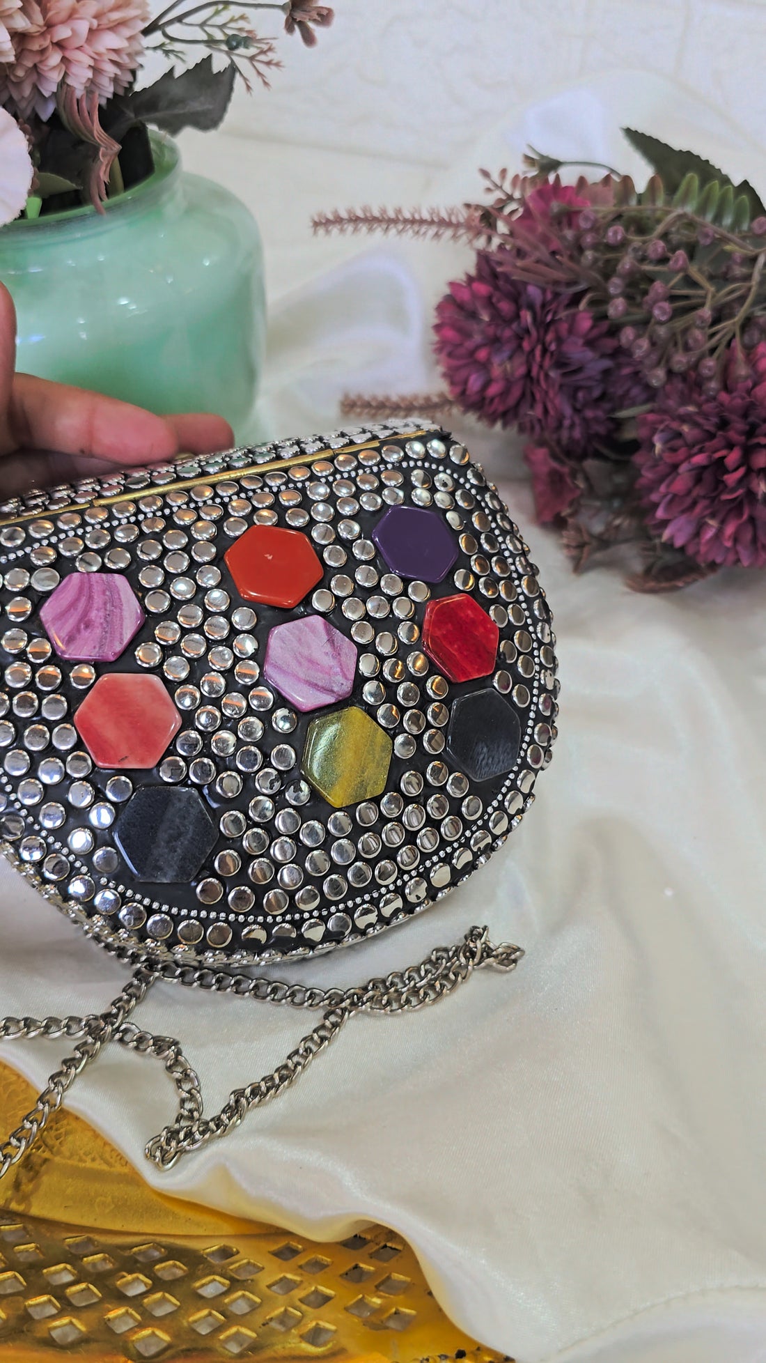 Artisanal Multi-Color Geometric Stone & Studded Clutch with Chain Strap – [Small]