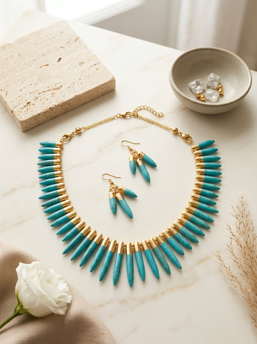 Gold-Capped Turquoise Spike Statement Necklace and Drop Earring Set