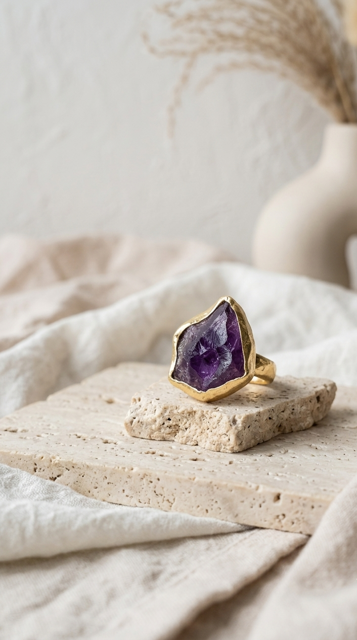Amara Raw Amethyst Statement Ring in 18K Gold Plated Bezel