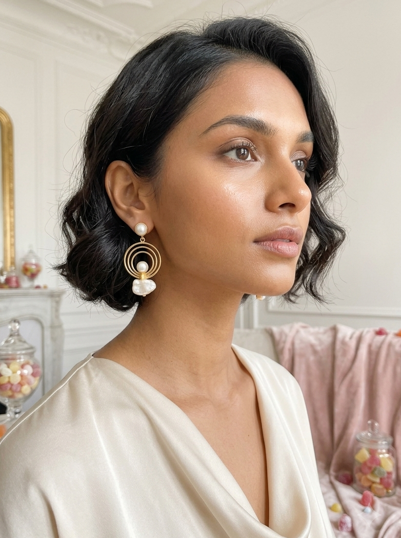 Golden Orbit & Baroque Pearl Earrings