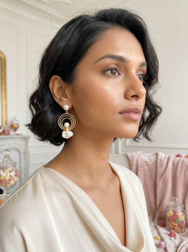 Golden Orbit & Baroque Pearl Earrings