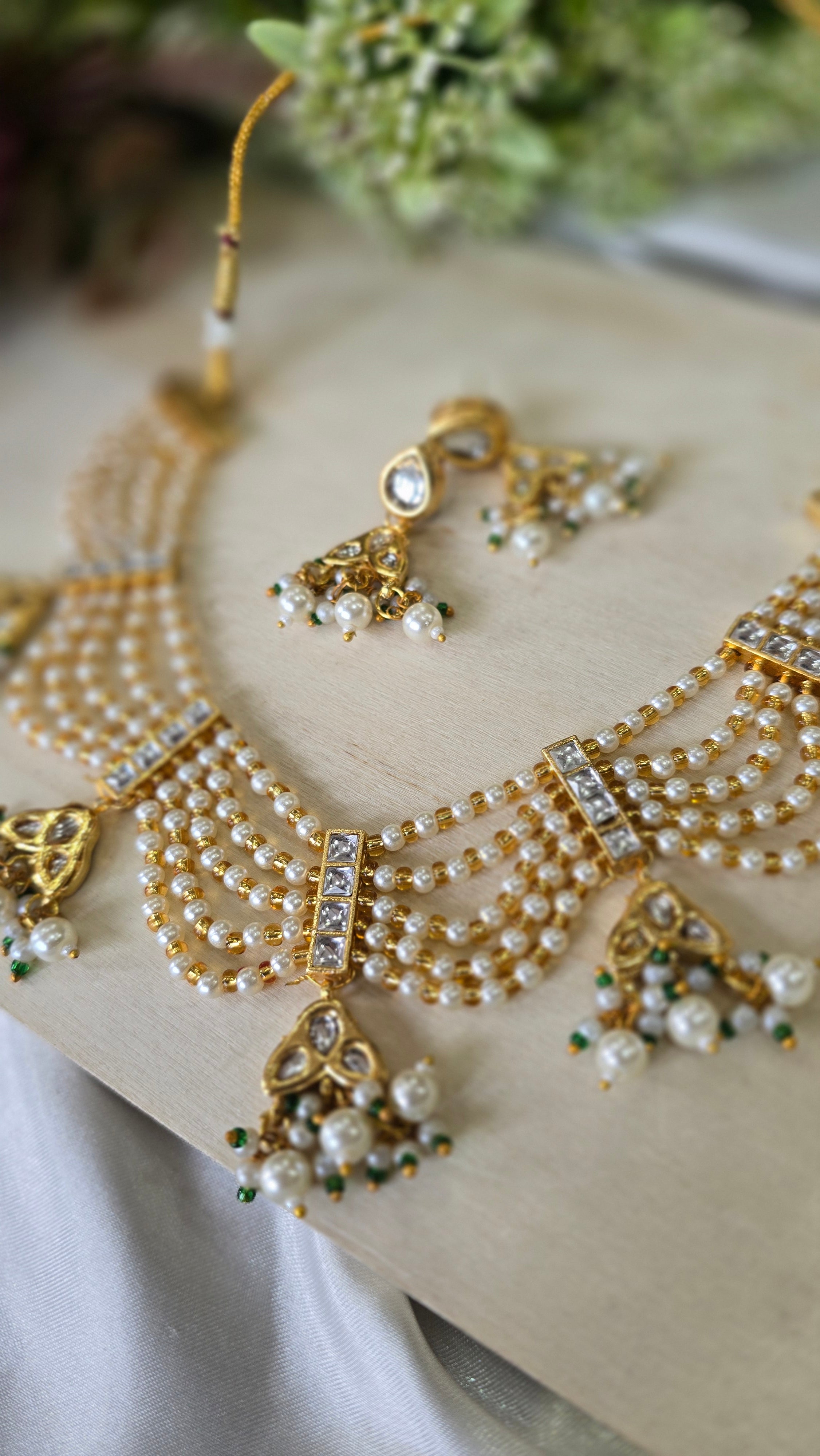 Royal Kundan & Multi-Layer Pearl Choker Necklace Set with Jhumka Earrings