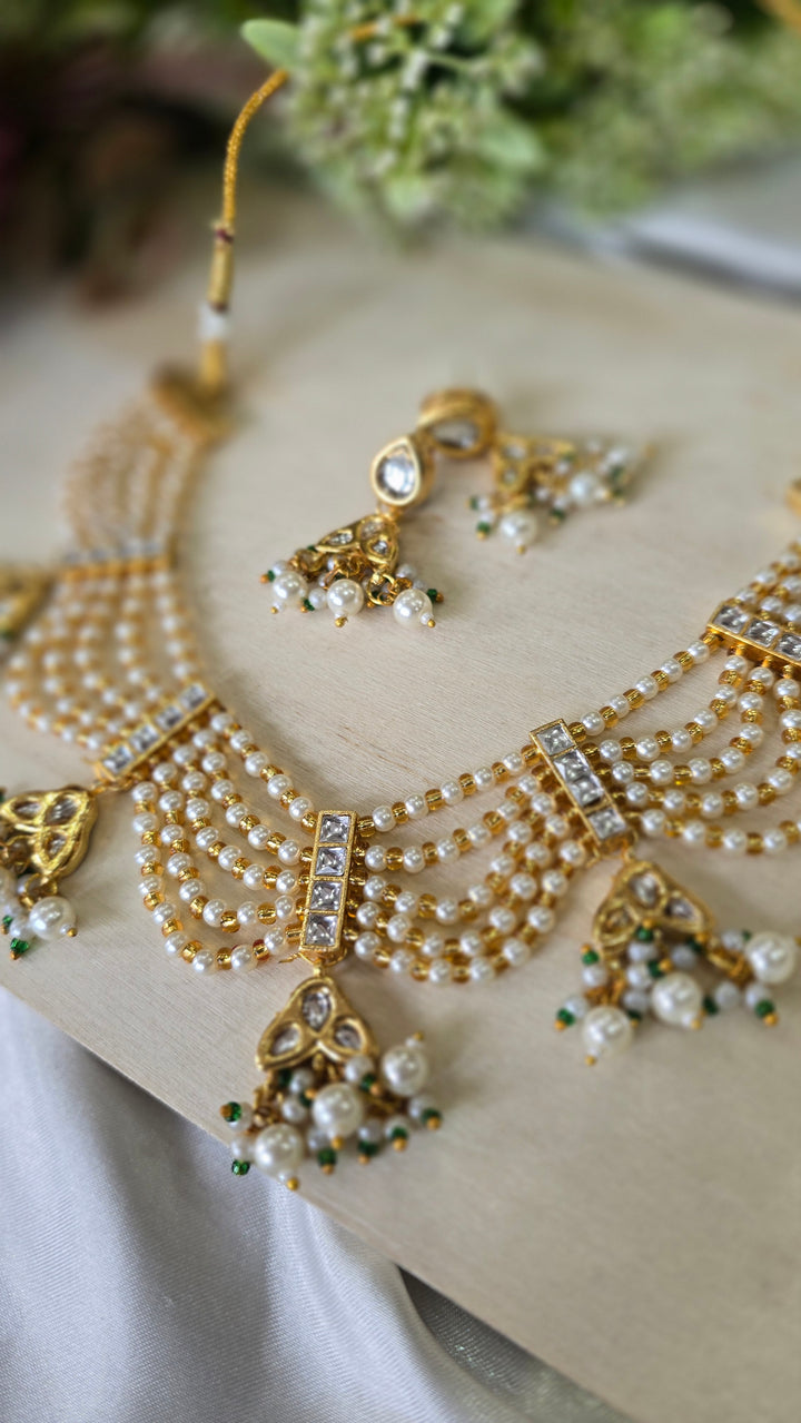 Royal Kundan & Multi-Layer Pearl Choker Necklace Set with Jhumka Earrings