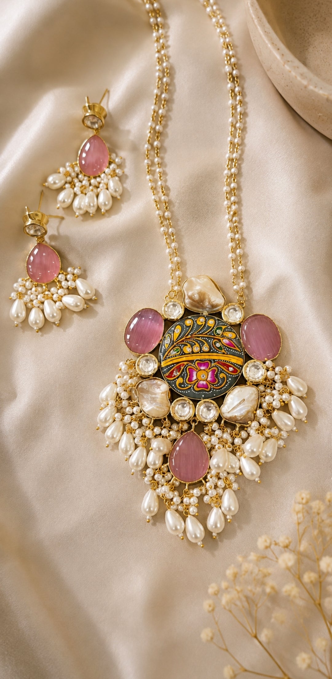 Handcrafted Meenakari Floral Pendant Necklace Set with Cat’s Eye Stones & Pearl Droplets