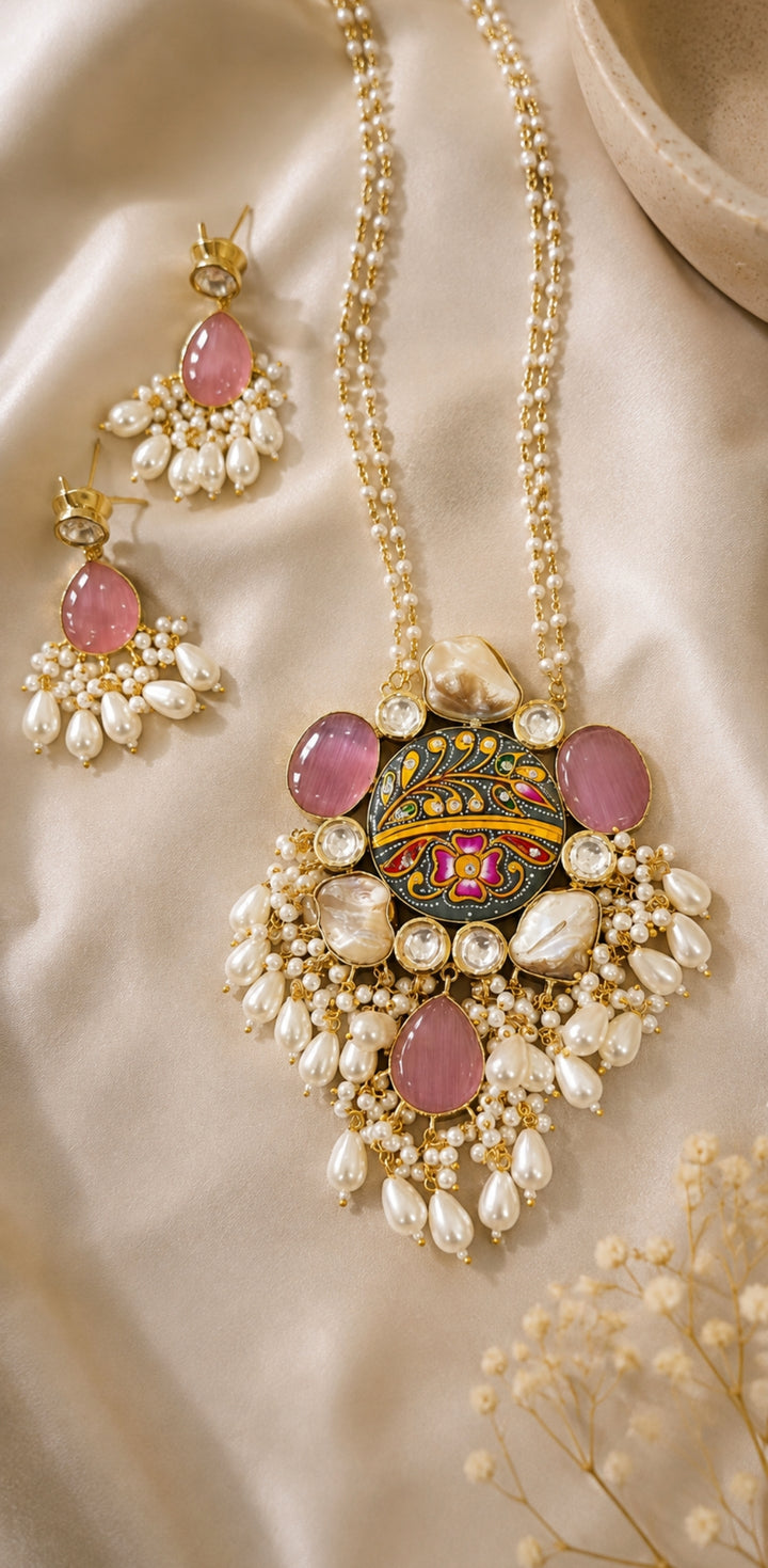Handcrafted Meenakari Floral Pendant Necklace Set with Cat’s Eye Stones & Pearl Droplets