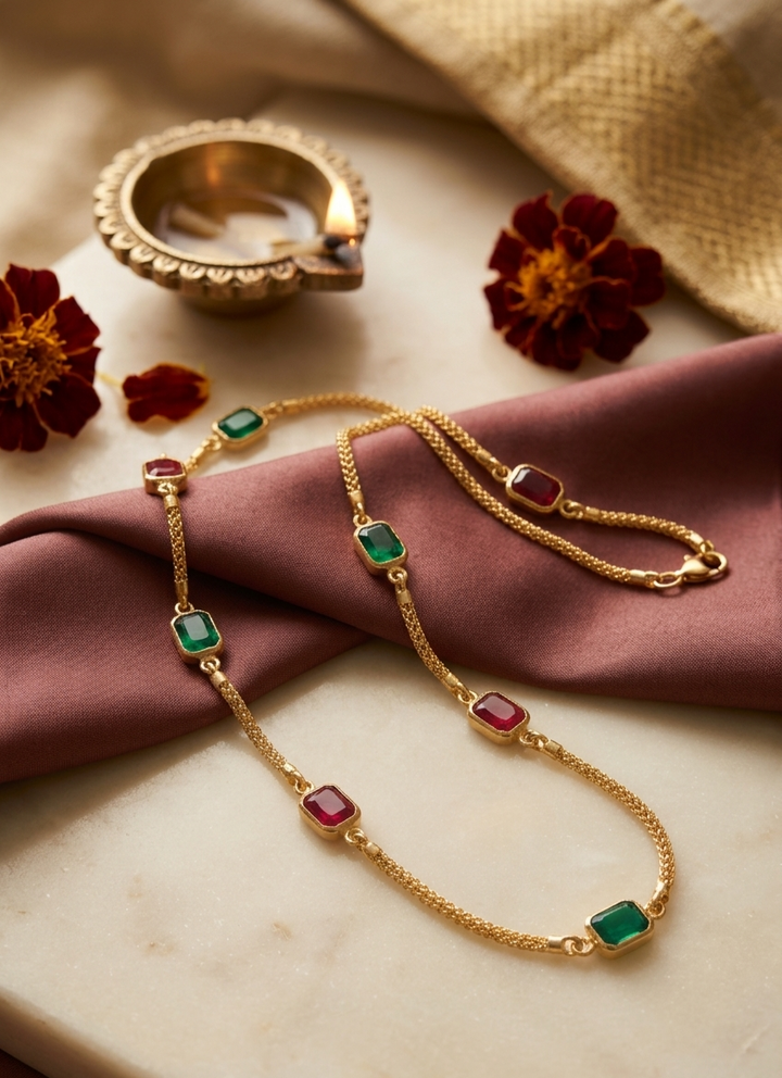 Navratna-Inspired Ruby and Emerald Station Chain