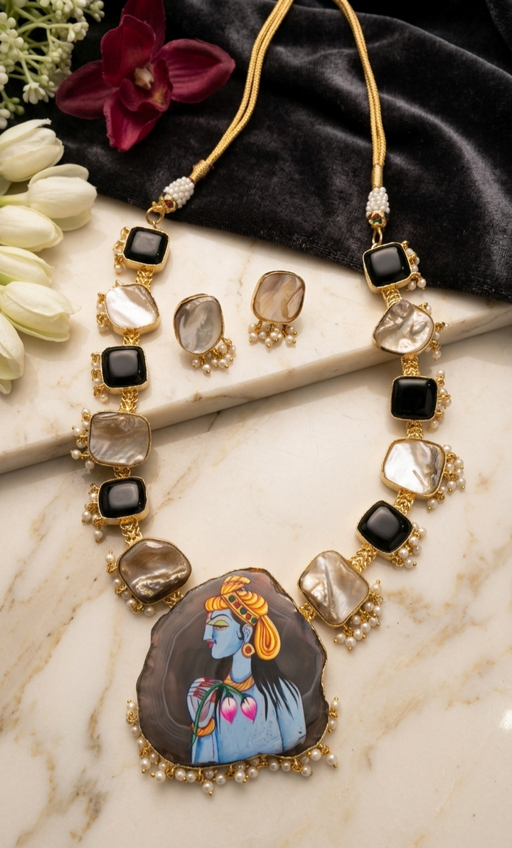 Hand-Painted Lord Krishna Agate Pendant Necklace & Earrings Set with Pearls