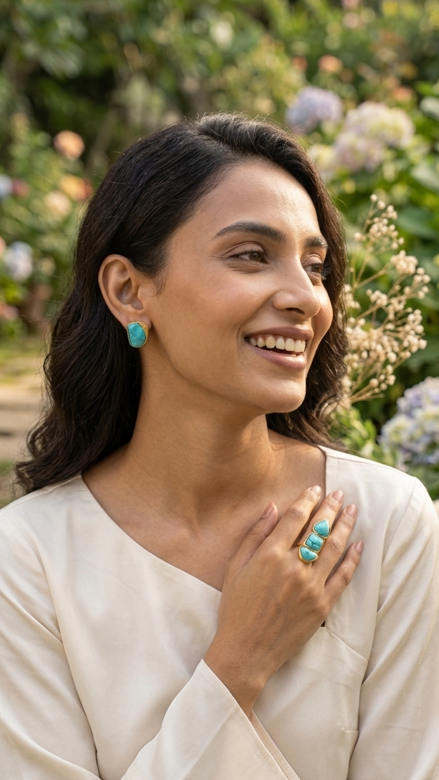 Celestial Turquoise Statement Ring and Stud Earring Set