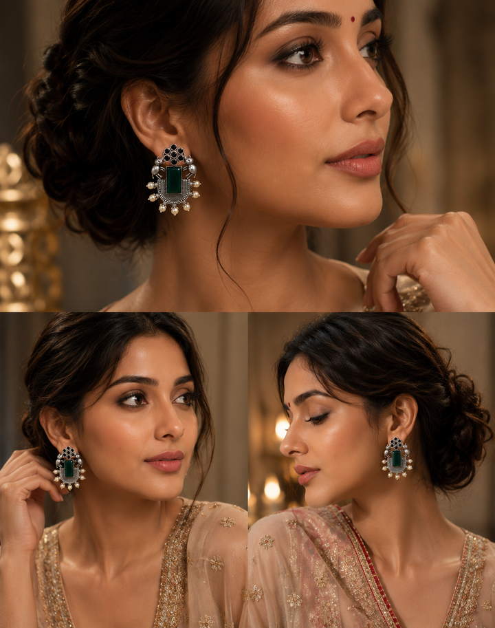 Noor emerald oxidised small earrings