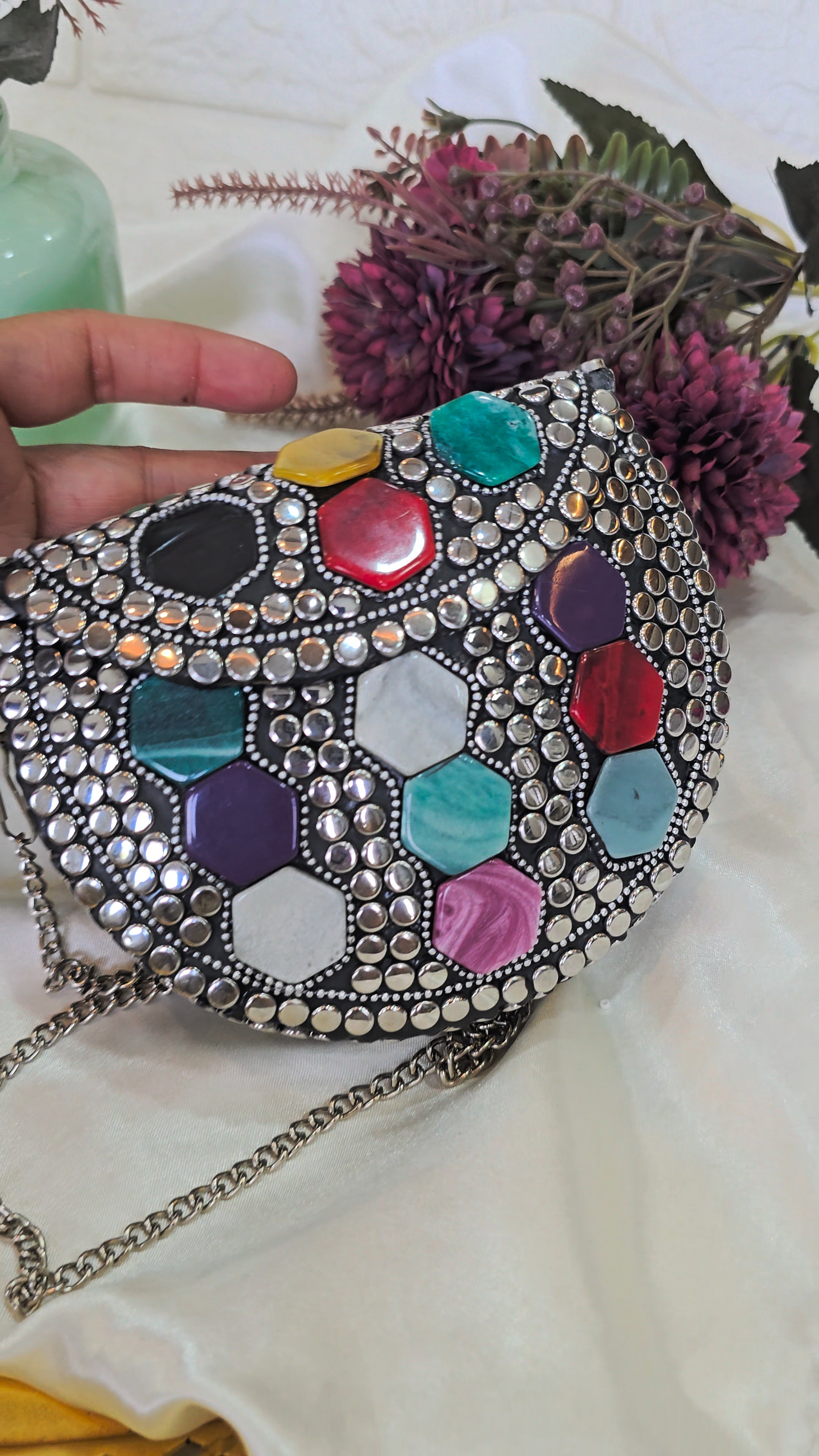 Artisanal Multi-Color Geometric Stone & Studded Clutch with Chain Strap – [Small]