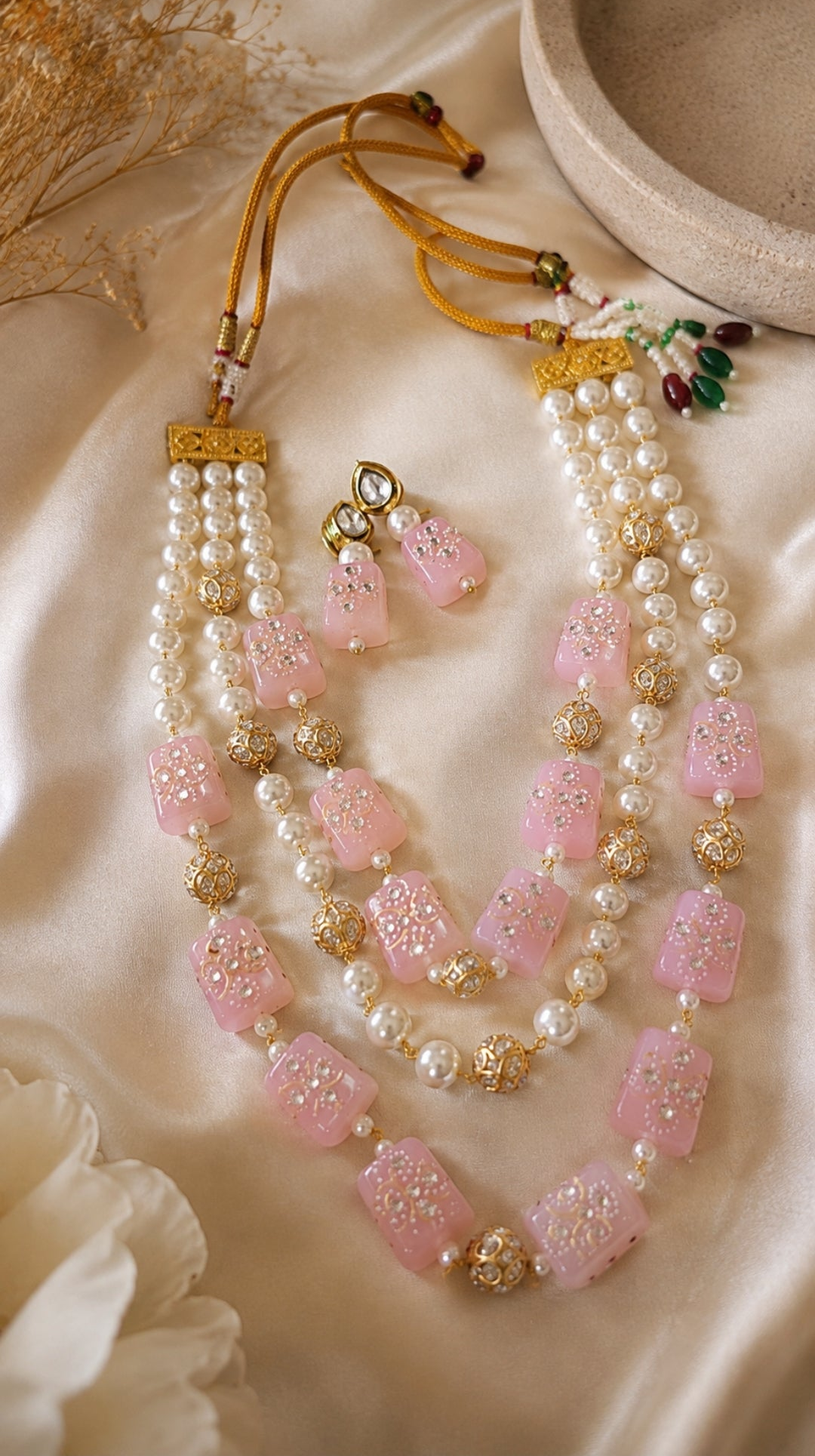 Three-Layer Pearl and Meenakari Bead Necklace Set with Matching Earrings