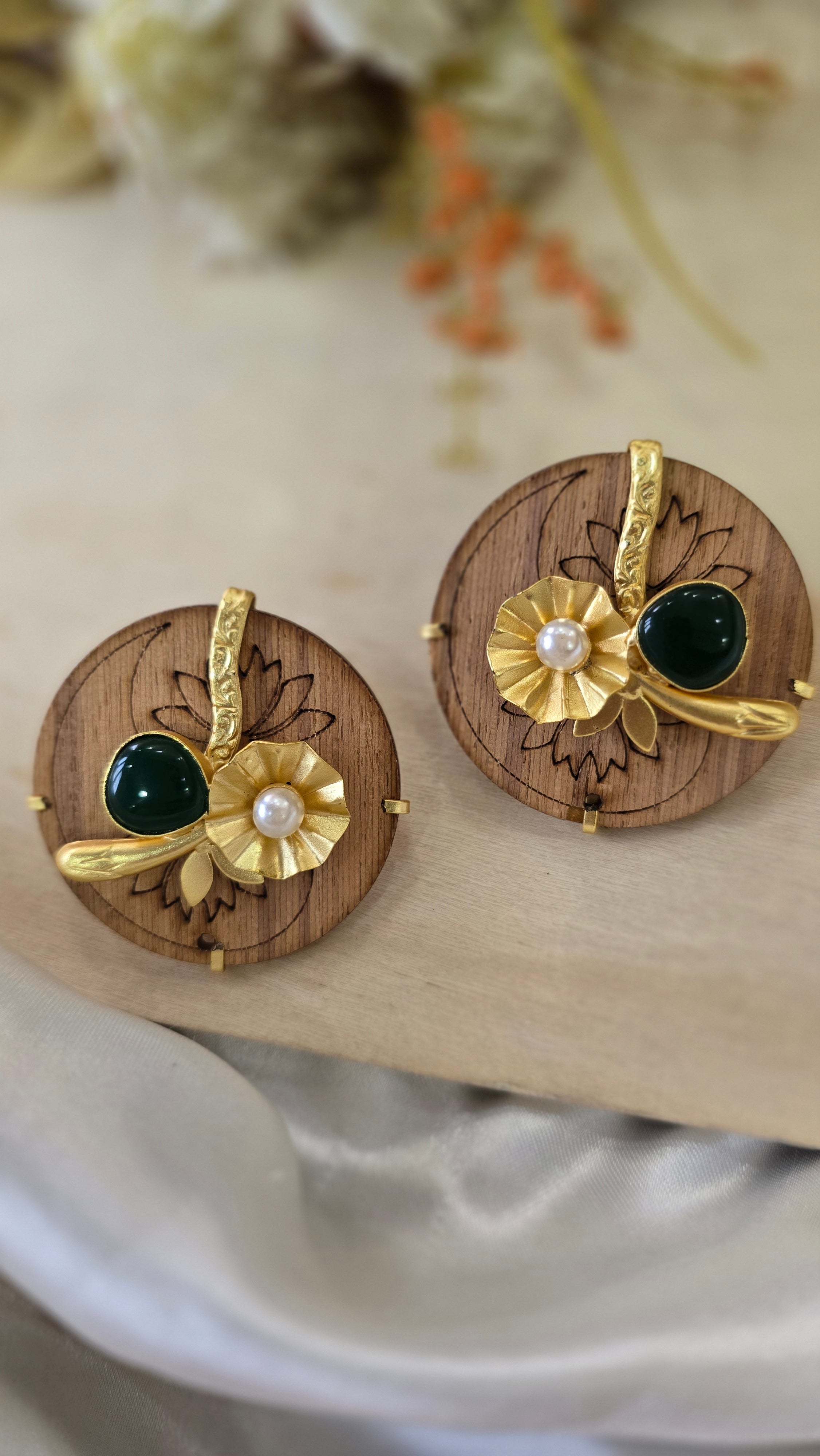 Handcrafted Wooden Stud Earrings with Gold Floral Accent, Pearl, and Emerald Green Cabochon