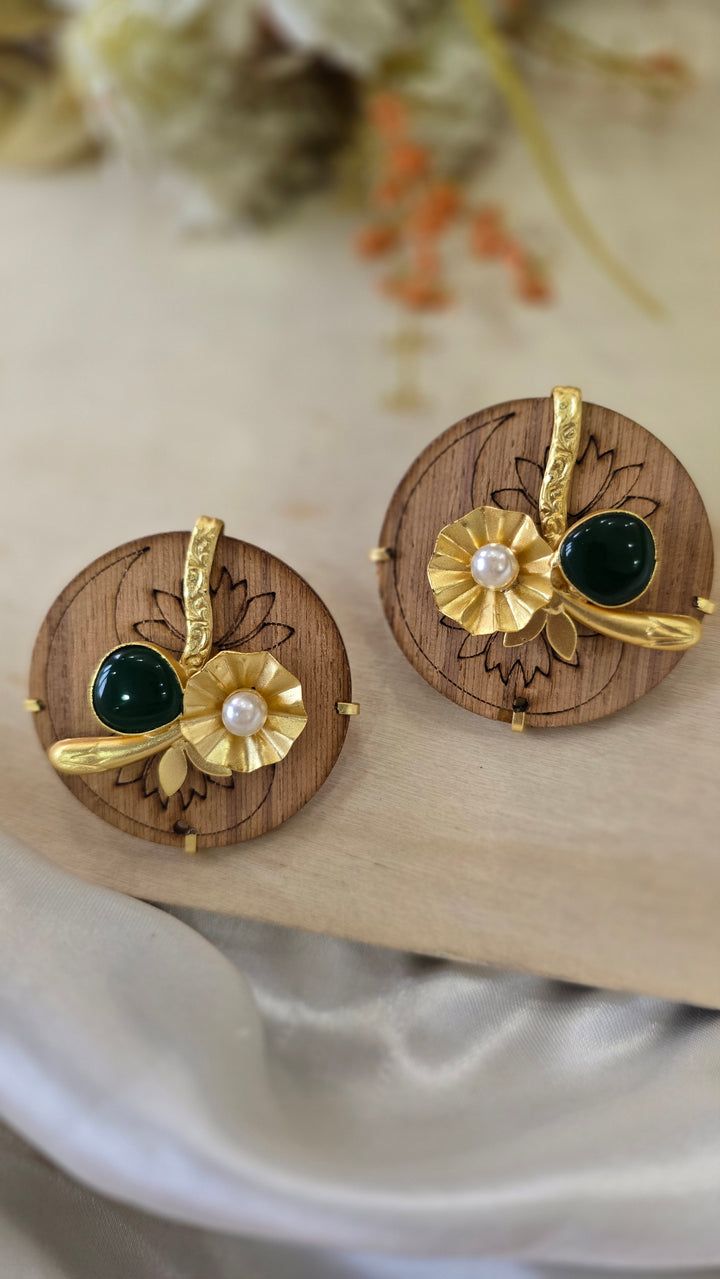 Handcrafted Wooden Stud Earrings with Gold Floral Accent, Pearl, and Emerald Green Cabochon